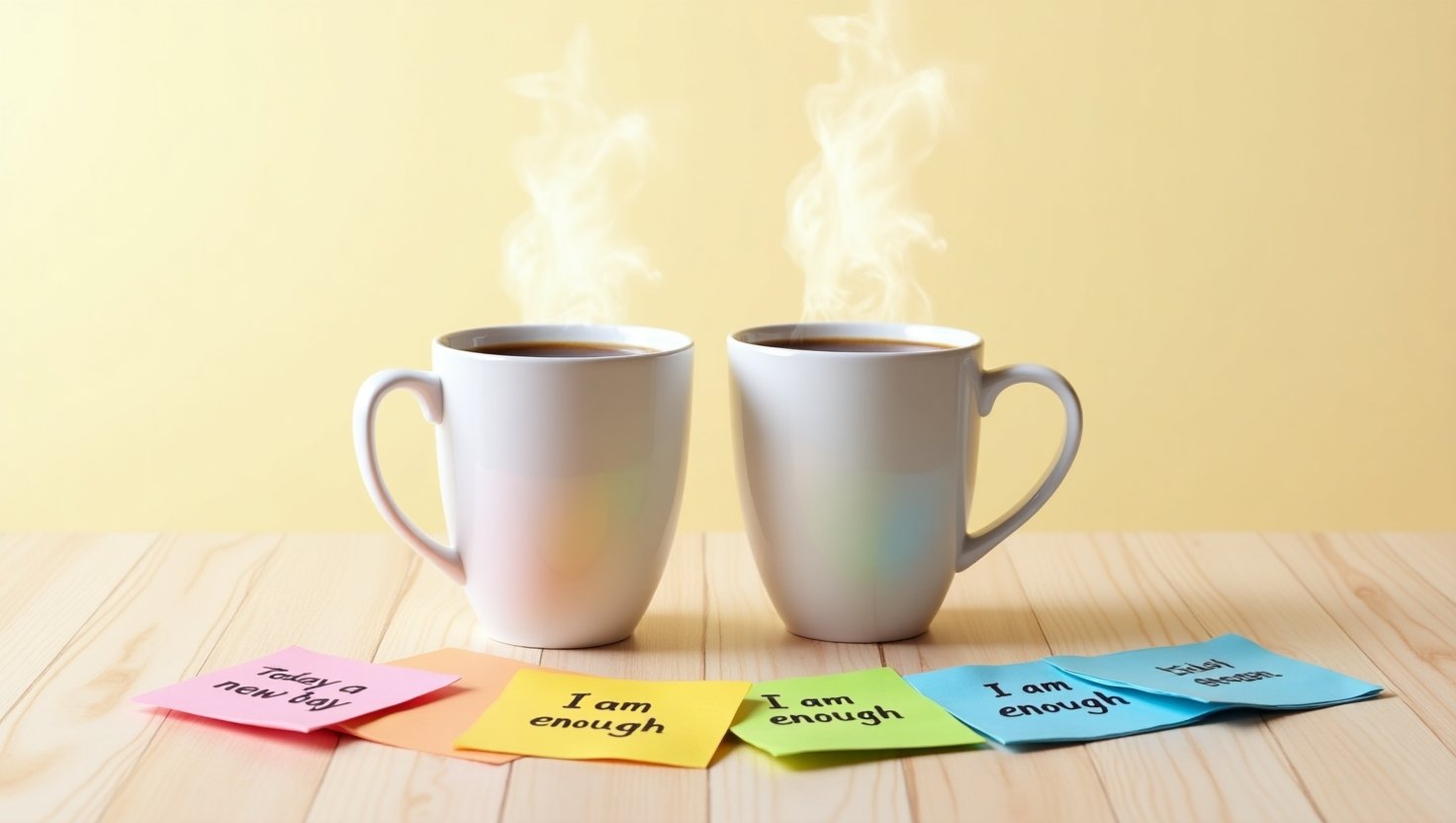 Duas xícaras brancas com café quente soltando vapor sobre uma mesa de madeira clara. À frente das xícaras, há vários post-its coloridos com mensagens positivas escritas à mão, como "Hoje é um novo dia" e "Eu sou suficiente", criando uma atmosfera acolhedora e motivadora. Lei da Atração no Relacionamento