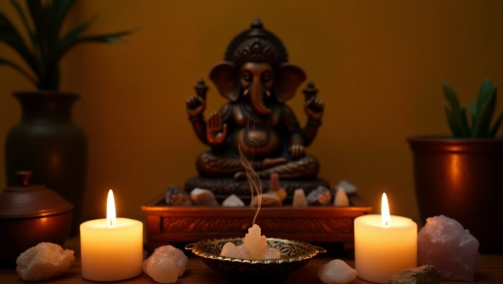 Altar espiritual com estátua de Ganesha, velas acesas, cristais e incenso, representando um espaço de meditação e harmonia.