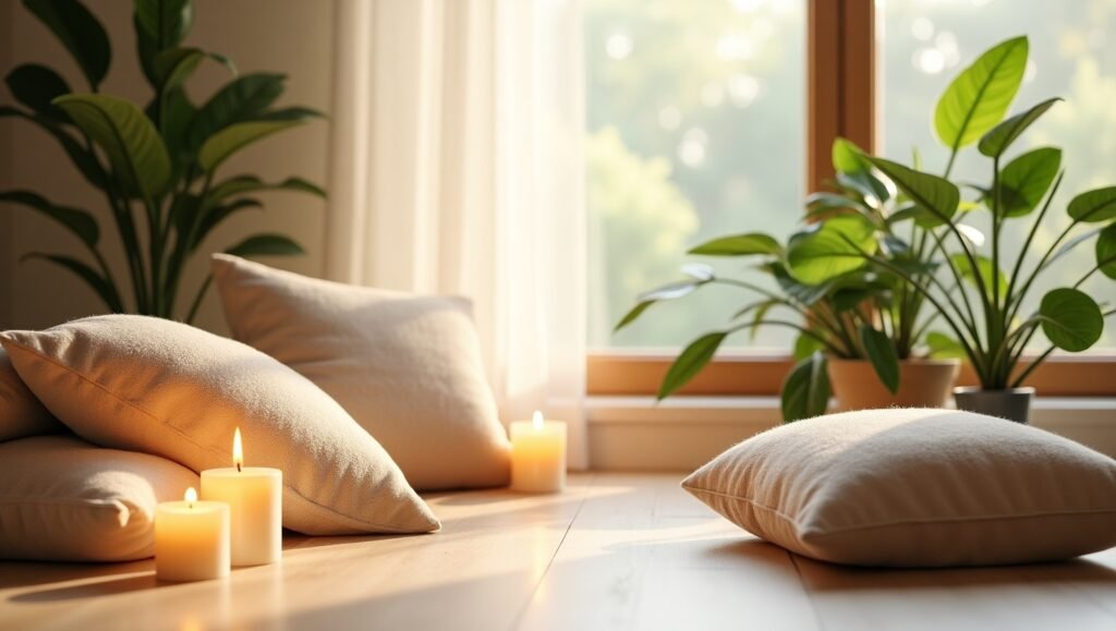 Ambiente tranquilo com almofadas claras no chão, velas acesas e plantas verdes ao fundo, iluminado por luz natural.Técnicas de Respiração para Aumentar a Vibração