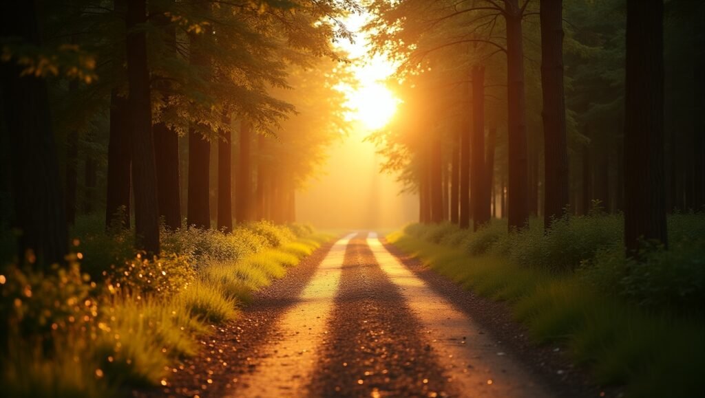 Estrada de terra atravessando uma floresta ao entardecer, iluminada pela luz dourada do pôr do sol entre as árvores. Manter a Fé no Processo de Manifestação