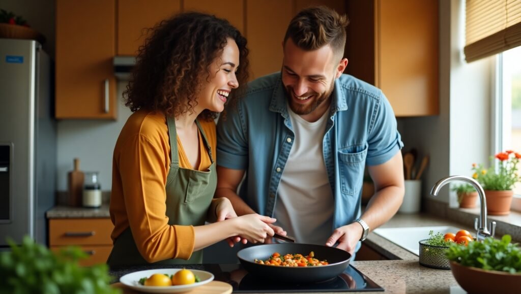 Casal sorridente cozinhando junto em uma cozinha iluminada pela luz do dia. A mulher, usando um avental verde e blusa mostarda, mexe uma frigideira com legumes enquanto o homem, com camisa jeans e camiseta branca, observa e ri ao seu lado. O ambiente está decorado com vasos de plantas e ingredientes frescos sobre a bancada.Manifestar um Relacionamento Saudável