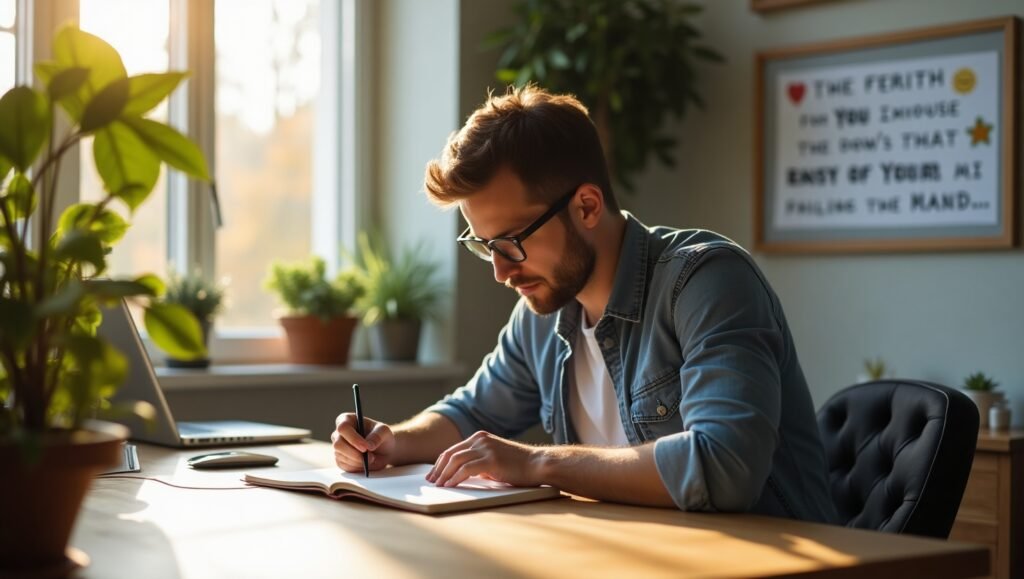 Homem escrevendo em caderno em uma mesa iluminada, com plantas ao redor e uma placa motivacional ao fundo.