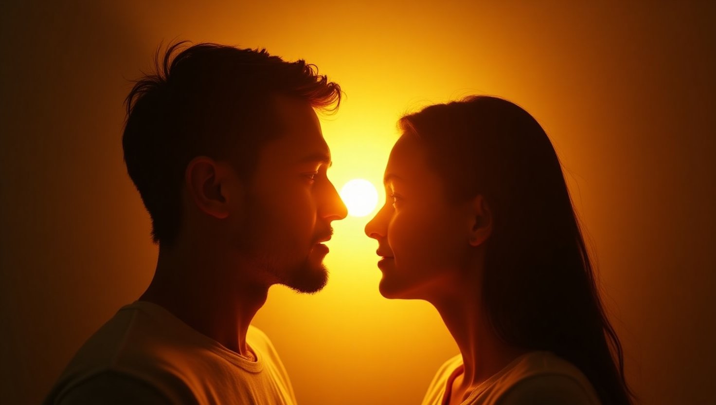 Homem e mulher de frente um para o outro, olhando-se intensamente, com um pôr do sol radiante ao fundo iluminando seus rostos.