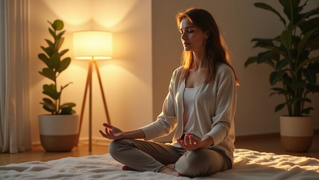 Mulher sentada em posição de lótus sobre um tapete claro, meditando com os olhos fechados em um ambiente interno acolhedor, iluminado por uma luminária suave e cercado por plantas decorativas.