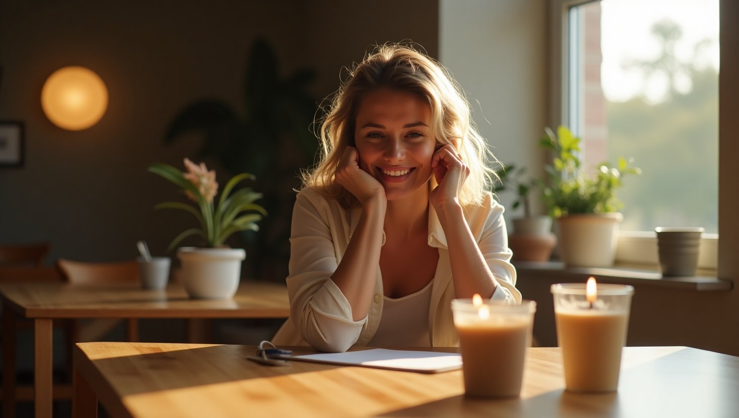 Mulher adulta sorridente escrevendo em um diário à luz de velas em um ambiente iluminado pelo sol. Lei da Atração para Iniciantes