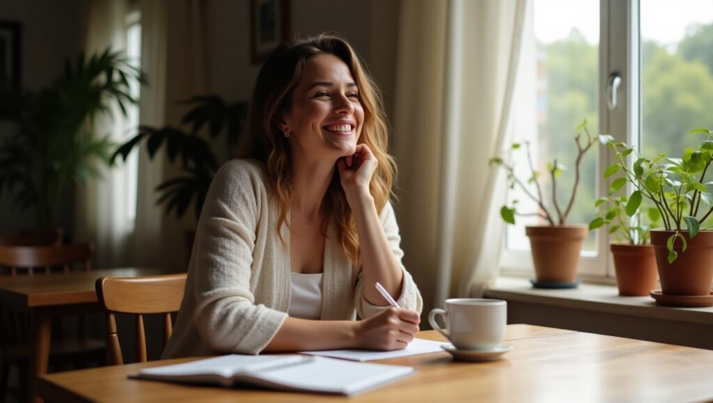 Mulher sorridente aprecia um momento de escrita reflexiva enquanto toma café, rodeada por plantas e luz natural suave.