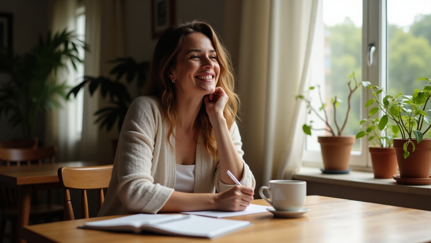 Mulher sorridente aprecia um momento de escrita reflexiva enquanto toma café, rodeada por plantas e luz natural suave.
