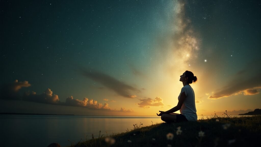 Pessoa sentada meditando à beira de um lago ao entardecer, com o céu estrelado e a Via Láctea ao fundo, transmitindo paz interior e conexão com o universo.