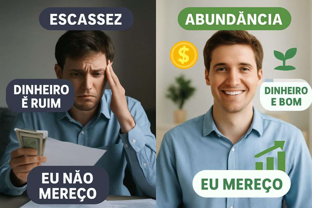 Comparação entre mentalidade de escassez e abundância: à esquerda, homem preocupado com contas e crenças negativas sobre dinheiro; à direita, homem sorridente com pensamentos positivos e crença em merecimento e prosperidade financeira.