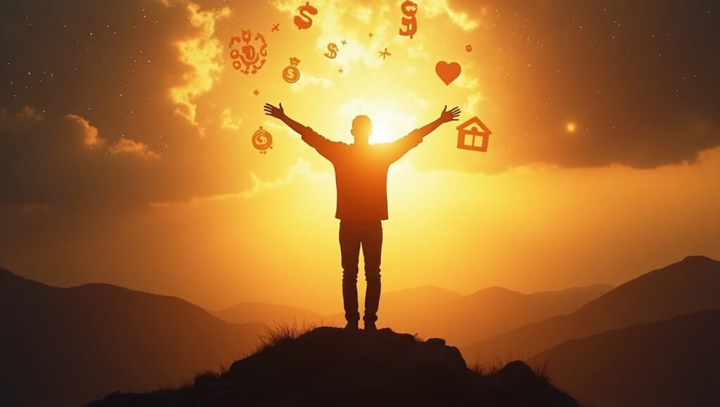 Homem com os braços abertos em uma montanha ao amanhecer, cercado por ícones de prosperidade, amor, saúde e sucesso, representando a manifestação de desejos.