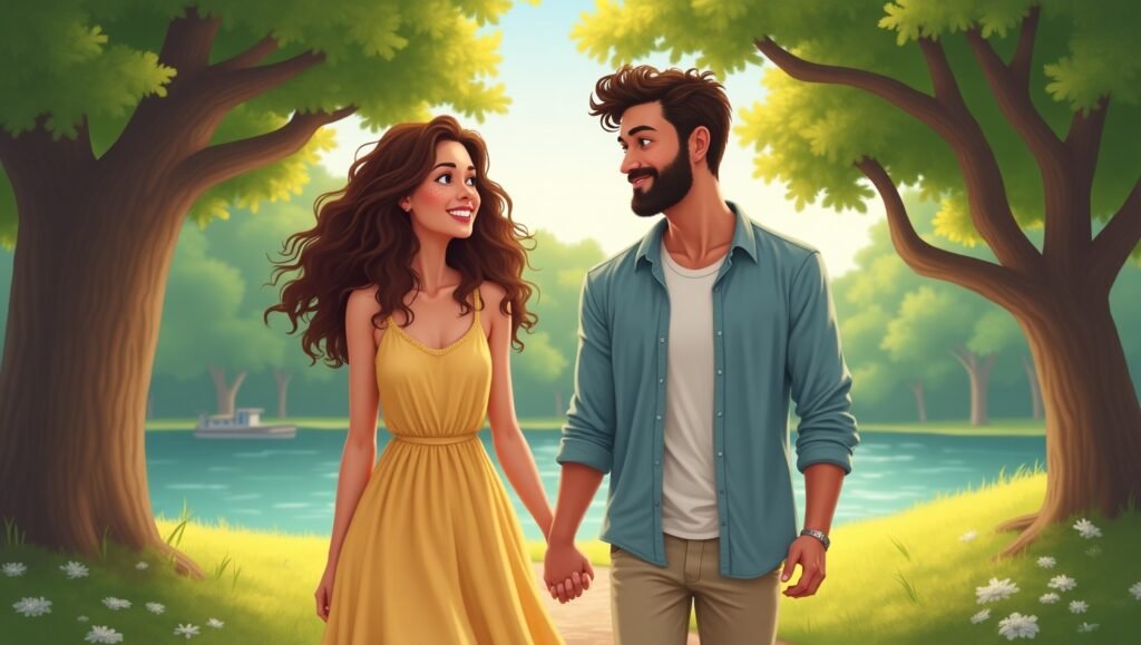 Ilustração de um casal jovem caminhando de mãos dadas por um bosque ensolarado, sorrindo um para o outro com carinho. A mulher usa um vestido amarelo vibrante e o homem veste uma camisa azul clara com camiseta branca por baixo. Ao fundo, há árvores verdes, flores no chão e um lago sereno com um barco ao longe. Manifestar um Relacionamento Saudável