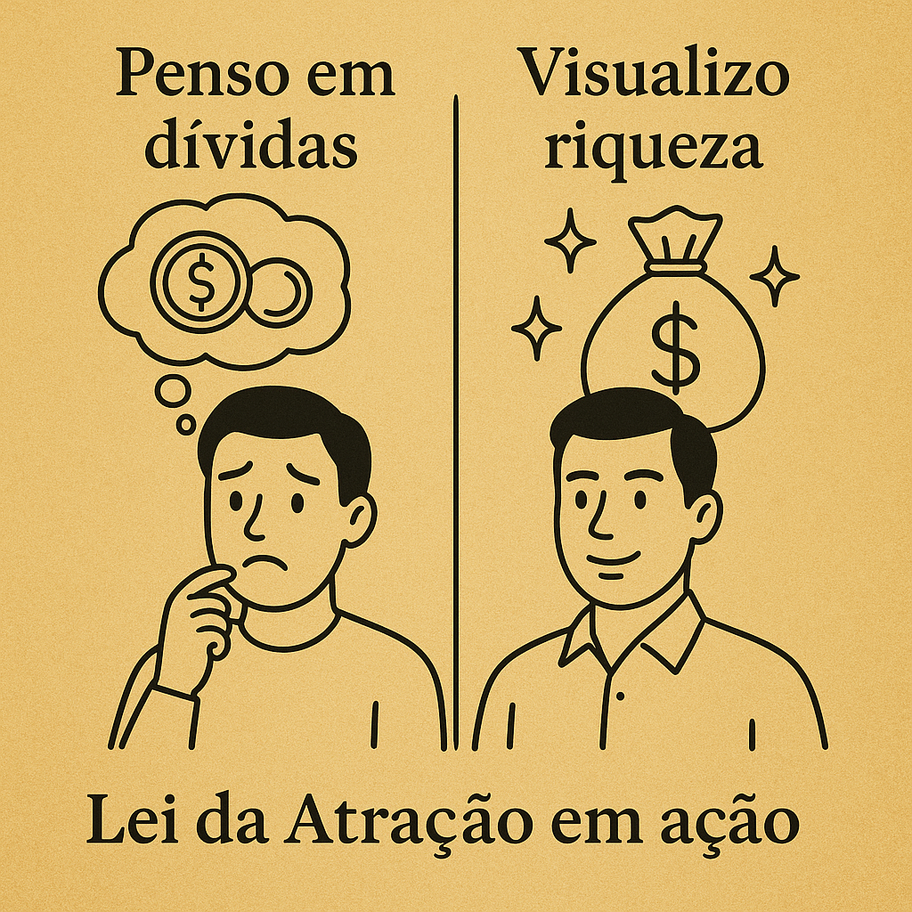 Ilustração dividida ao meio: à esquerda, um homem com expressão preocupada pensa em dívidas; à direita, um homem confiante visualiza riqueza com ícones de dinheiro e brilho. Texto abaixo: “Lei da Atração em ação.