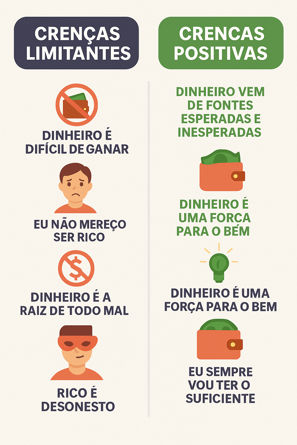 Infográfico dividido em duas colunas. À esquerda, com fundo branco e título em azul escuro: "Crenças Limitantes", estão listadas frases negativas sobre dinheiro, como: "Dinheiro é difícil de ganhar", "Eu não mereço ser rico", "Dinheiro é a raiz de todo mal" e "Rico é desonesto", acompanhadas de ícones ilustrativos. À direita, com título verde: "Crenças Positivas", aparecem contrapontos positivos como: "Dinheiro vem de fontes esperadas e inesperadas", "Dinheiro é uma força para o bem" (repetido duas vezes) e "Eu sempre vou ter o suficiente", também com ícones ilustrativos.