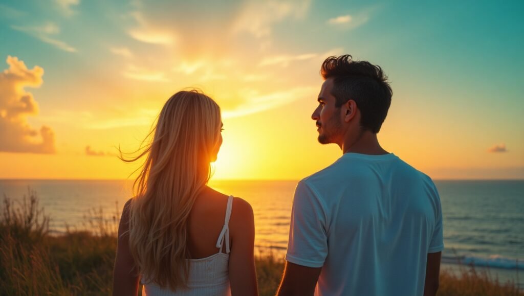 Casal jovem observando o pôr do sol à beira-mar, transmitindo paz, conexão e romance ao entardecer em uma paisagem natural tranquila.