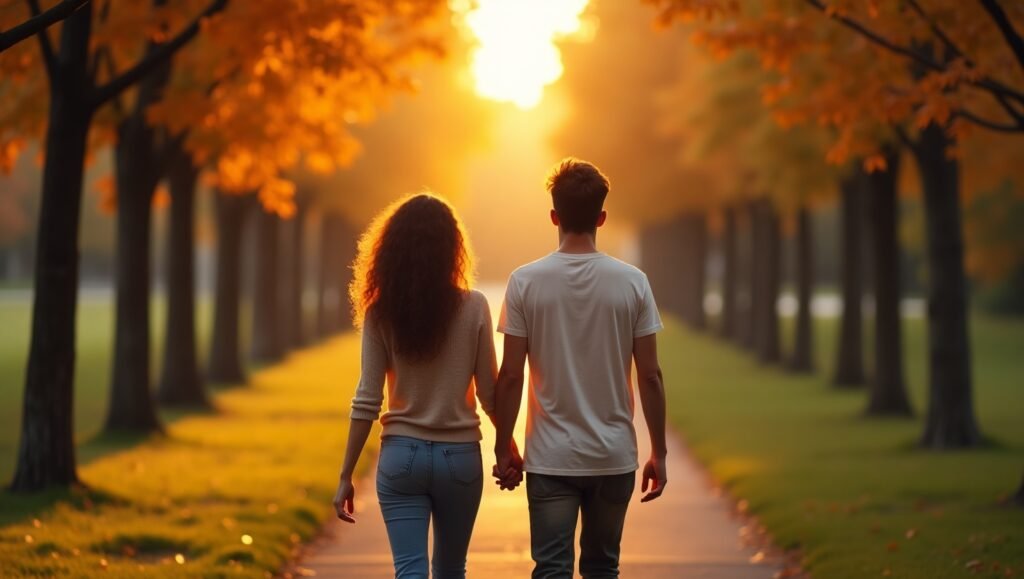Jovem casal caminhando de mãos dadas por um parque arborizado durante o pôr do sol, com as folhas das árvores tingidas de tons alaranjados e dourados, criando uma cena romântica e acolhedora.