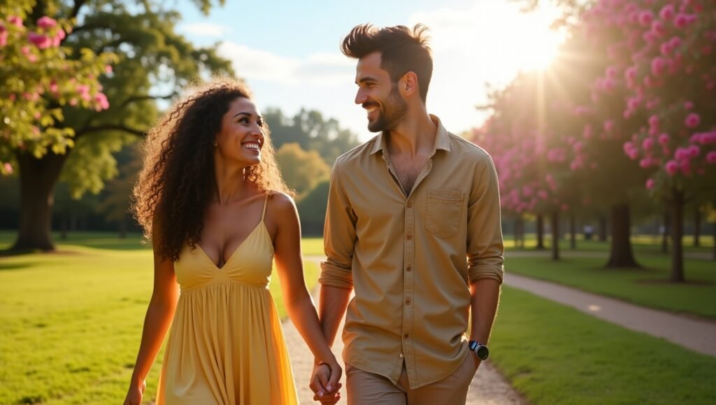 Casal jovem sorridente caminhando de mãos dadas em uma praça arborizada ao pôr do sol, cercados por árvores floridas e gramado verde.