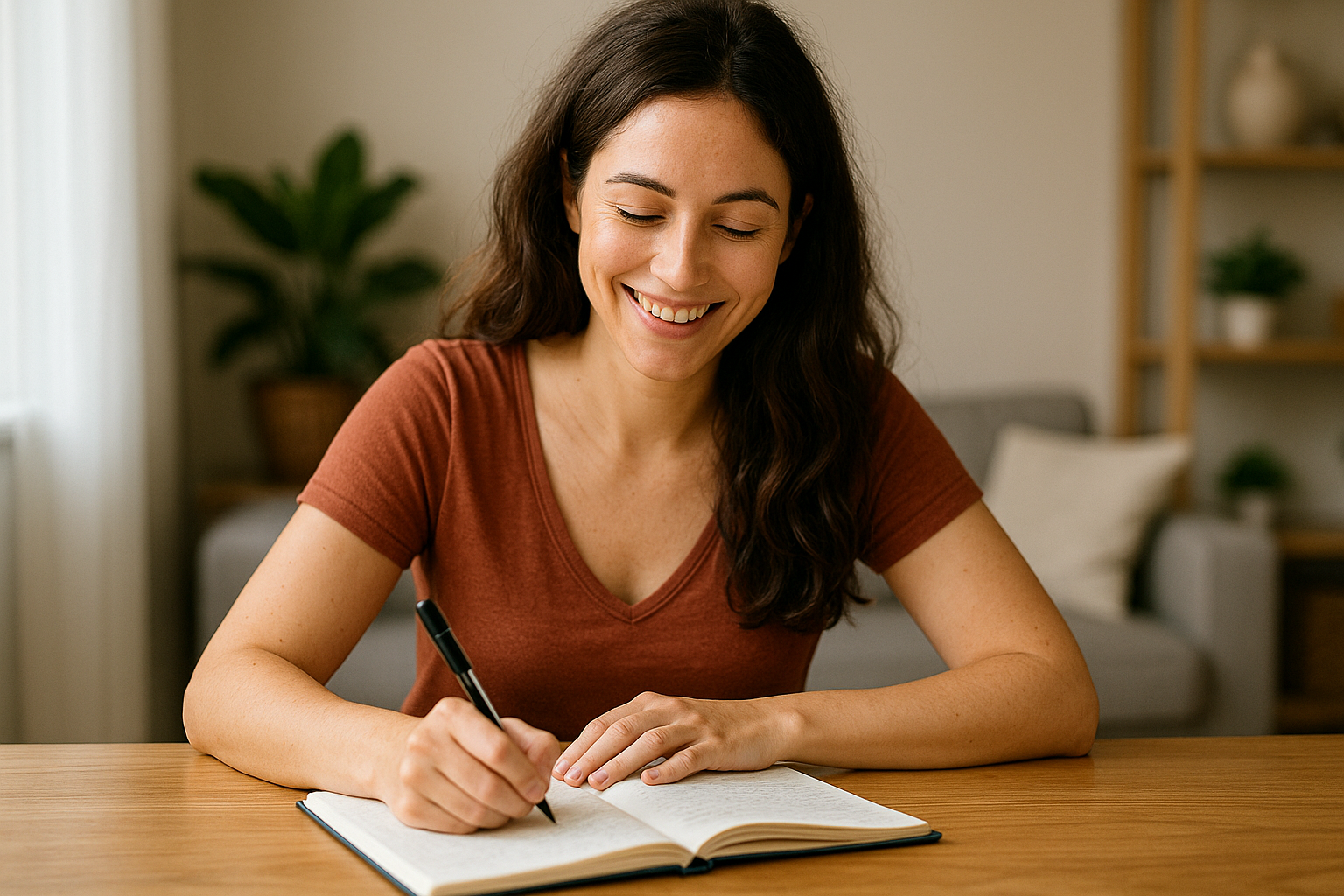 Jovem mulher sorridente escrevendo em um diário sobre uma mesa de madeira, em um ambiente aconchegante com plantas e decoração minimalista ao fundo. Lei da Atração no Amor