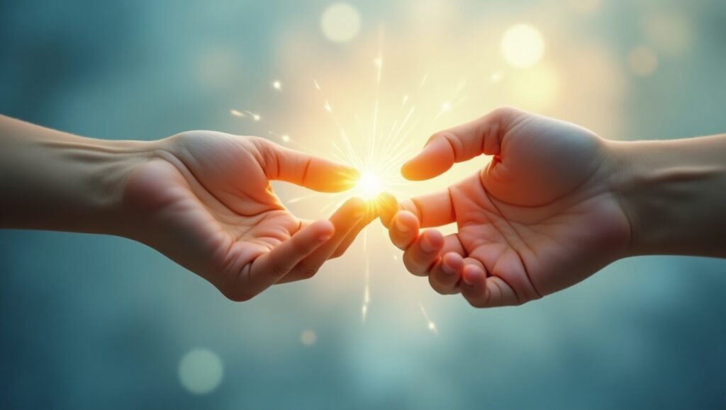 Mão feminina e mão masculina se tocando delicadamente com os dedos, enquanto uma luz intensa e radiante emana do ponto de contato entre elas, simbolizando conexão, energia e união. Atração Espiritual para Alma Gêmea