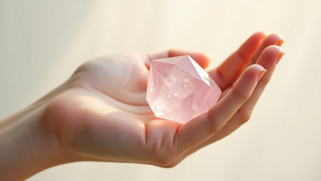 Mão feminina segurando um cristal rosa facetado, refletindo a luz suave em um fundo claro e neutro.