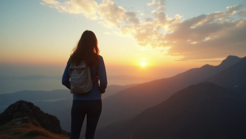 Mulher com mochila observando o pôr do sol no topo de uma montanha, com vista para um vale montanhoso iluminado por luz dourada.