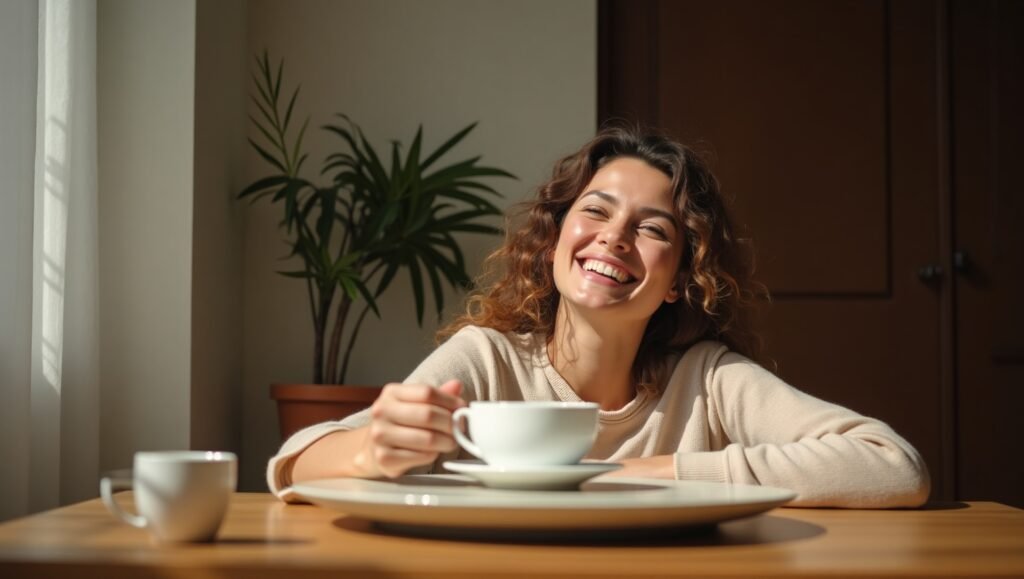Mulher sorridente segurando uma xícara de café, sentada à mesa sob luz natural, com expressão de alegria e serenidade.