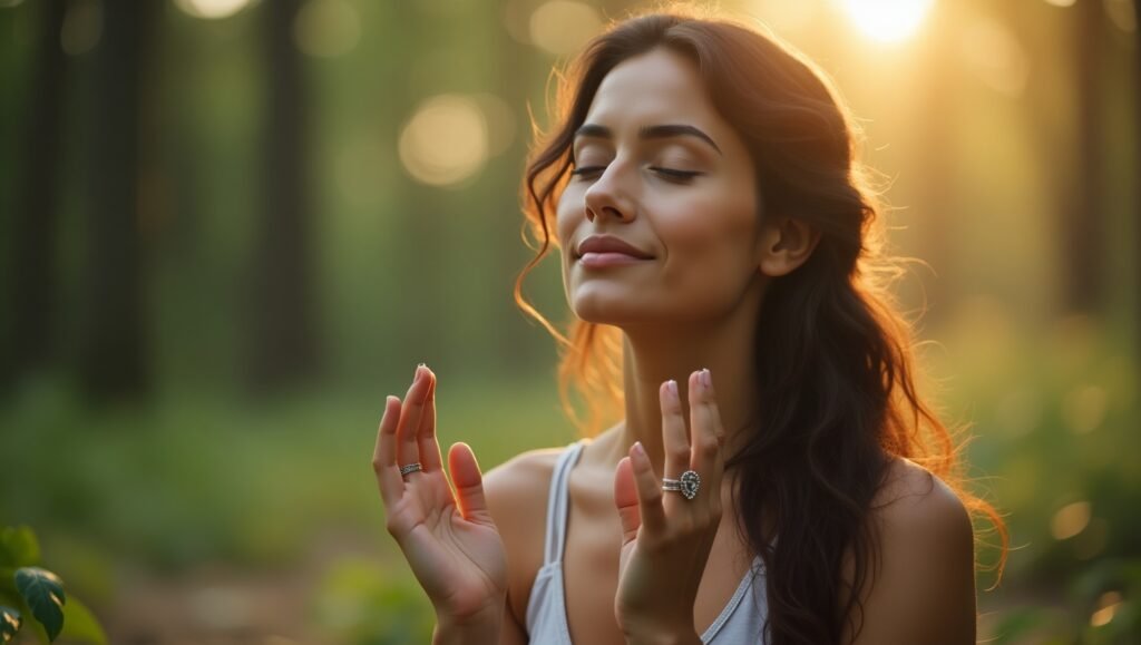 Mulher jovem com olhos fechados meditando em floresta ao entardecer, expressando serenidade e conexão com a natureza. Mantras Poderosos para Elevar sua Energia. Mantras Poderosos para Elevar sua Energia
