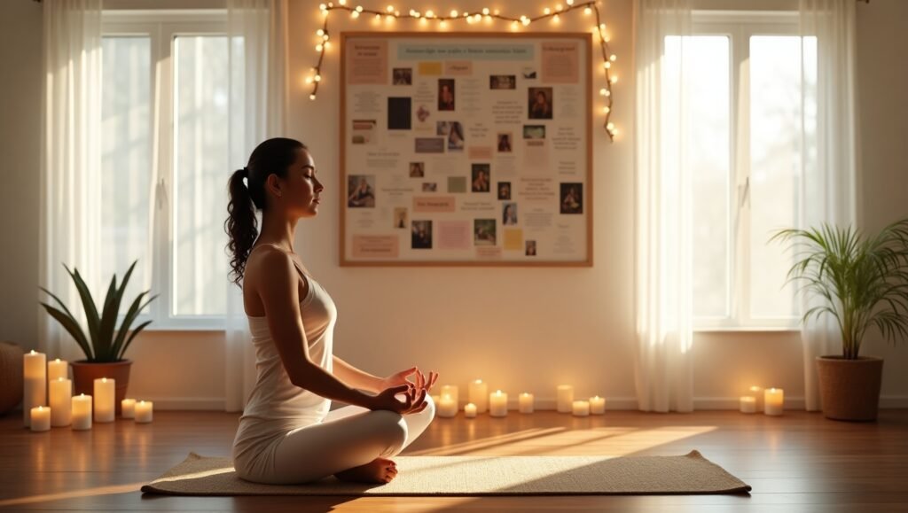 Mulher jovem meditando em posição de lótus em uma sala iluminada com velas acesas, plantas e um quadro de visualização ao fundo decorado com luzes.Lei da Atração