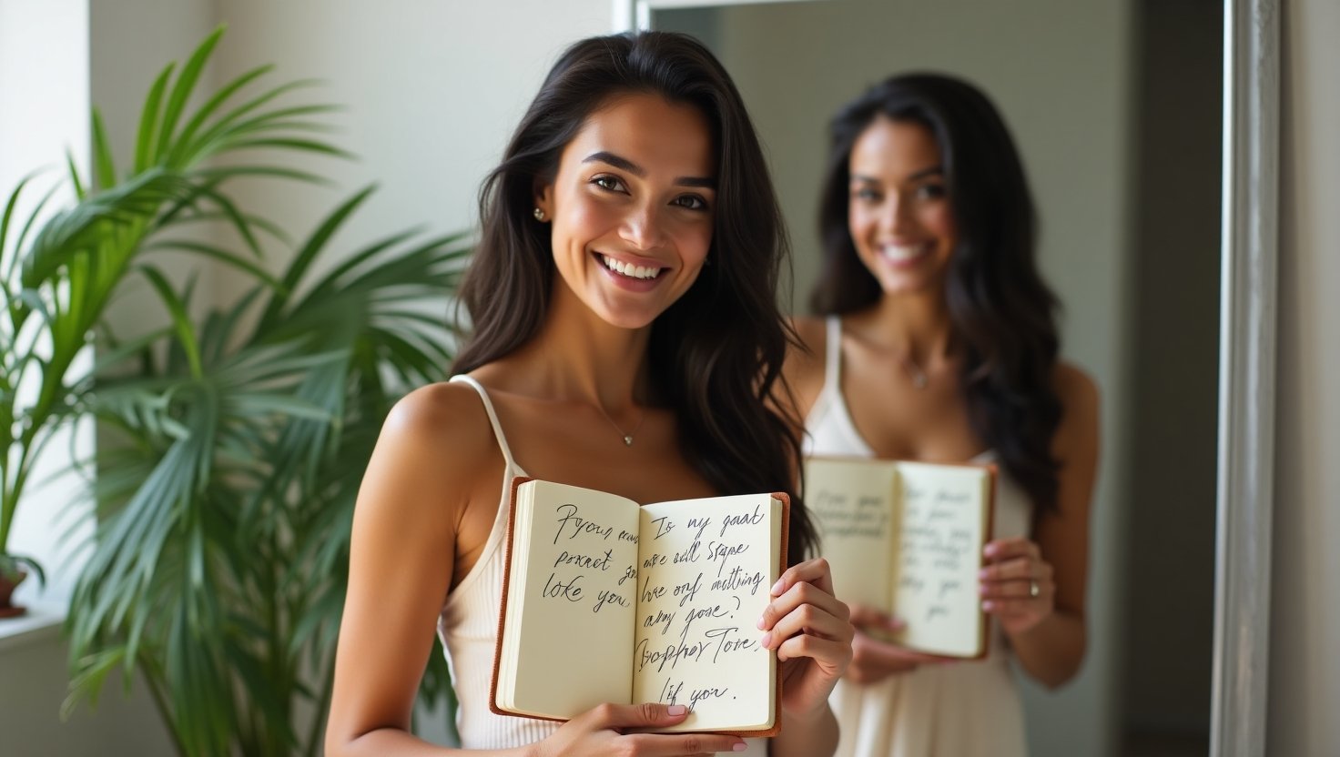 Mulher jovem sorridente segurando um diário com afirmações positivas escritas à mão, em frente ao espelho, rodeada por plantas e luz natural. Ativar Energia Positiva da Lei da atração