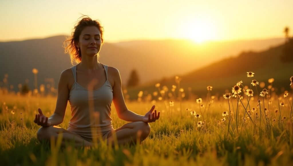 Mulher sentada em posição de lótus em um campo florido durante o pôr do sol, com expressão serena e em estado de meditação, rodeada por flores silvestres e luz dourada do entardecer. Alinhar a Vibração e Atrair O Amor