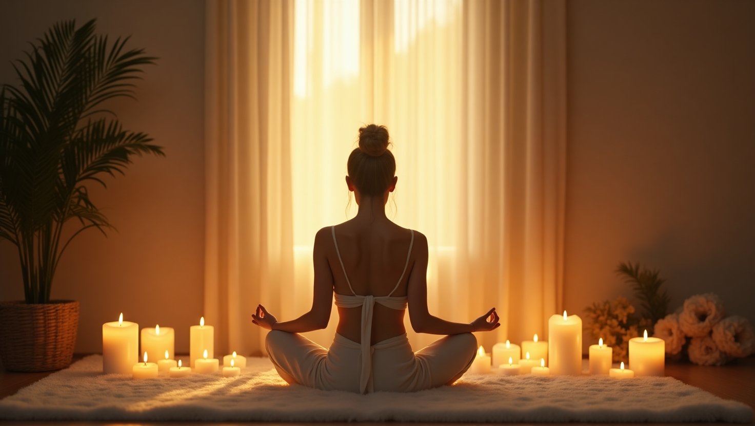 Mulher meditando em posição de lótus em frente a uma janela iluminada por luz suave, cercada por velas acesas. manter a Fé no Processo de Manifestação