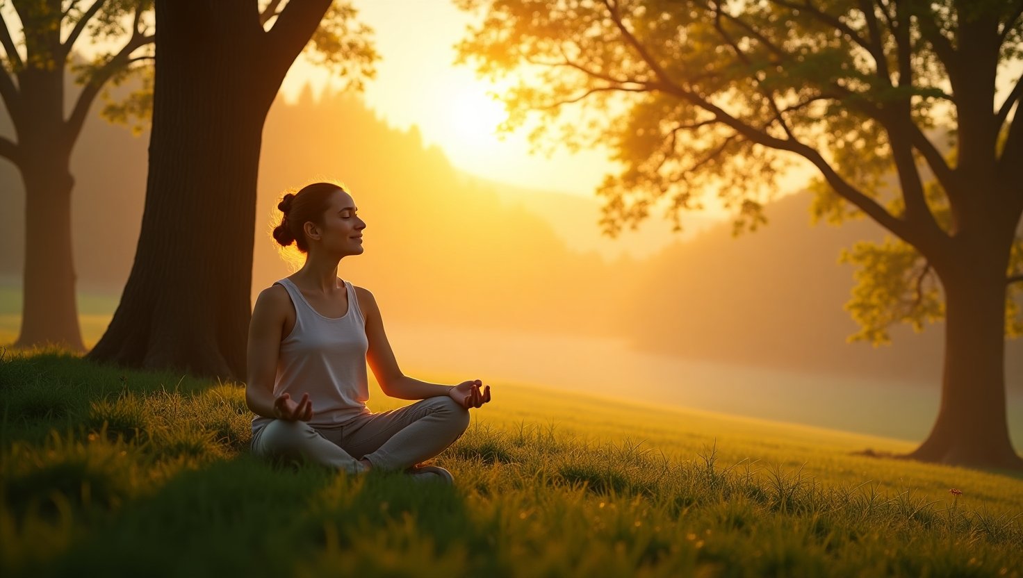 Mulher meditando sob uma árvore em um parque durante o pôr do sol. Energia Positiva na Lei da Atração
