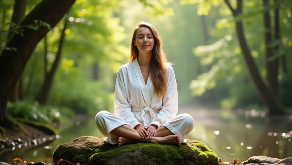 Mulher meditando sentada em posição de lótus sobre uma pedra coberta de musgo em uma floresta iluminada. Atrair Saúde com a Energia Positiva