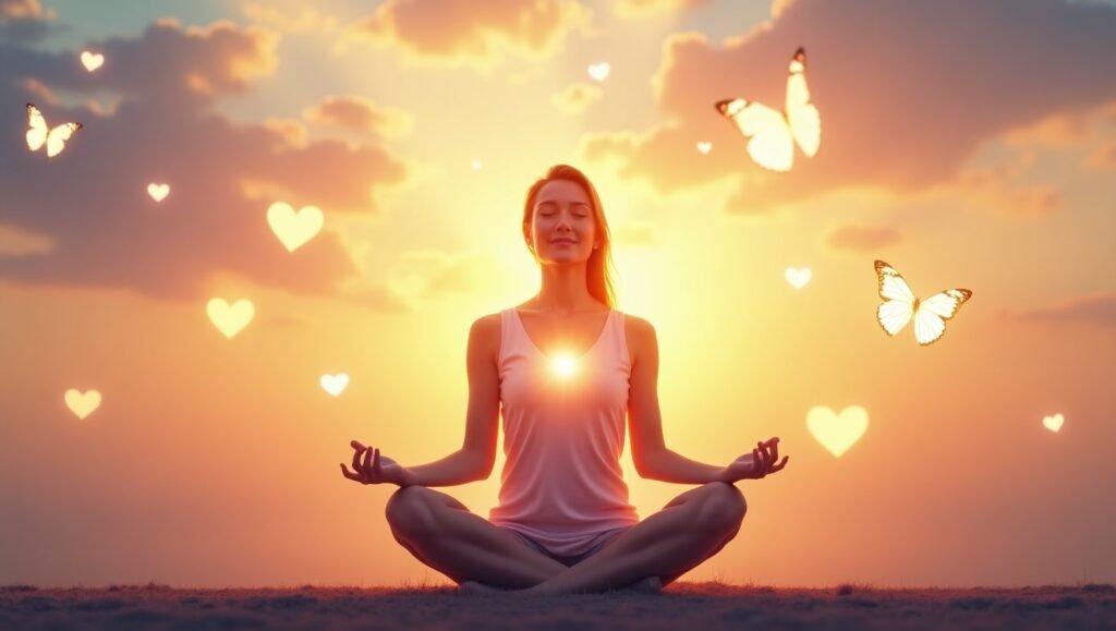Mulher meditando em posição de lótus ao pôr do sol, cercada por borboletas e corações brilhantes, irradiando luz do peito, simbolizando paz, amor e transformação interior.