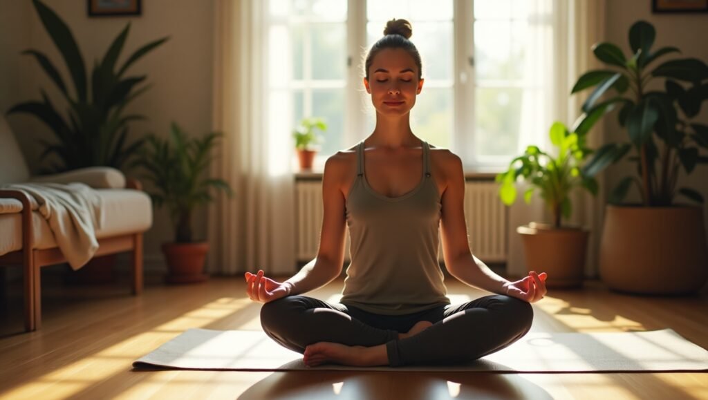 Mulher sentada no chão em posição de lótus, meditando com os olhos fechados em um ambiente interno iluminado pela luz natural da janela, cercada por plantas.