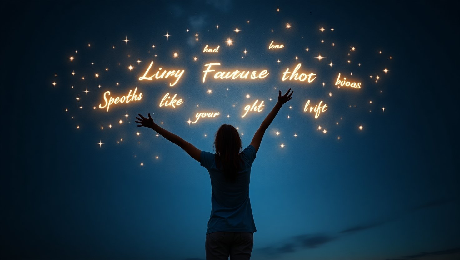 Mulher com os braços erguidos ao céu noturno, cercada por palavras luminosas flutuantes como se fossem estrelas, em gesto de gratidão ao universo.