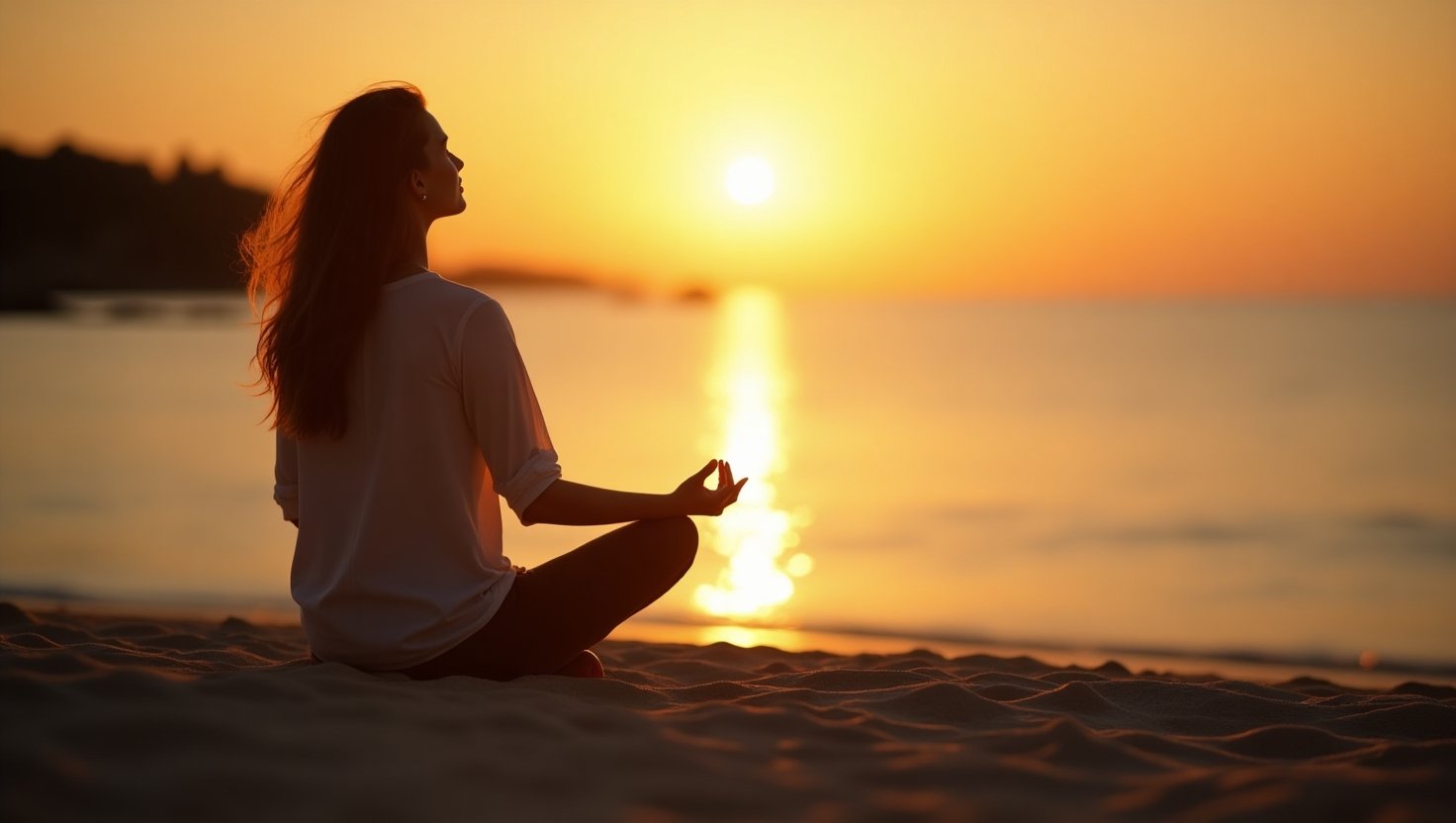 Mulher sentada na areia meditando ao pôr do sol em frente a um lago calmo. Lei da Atração para Reduzir Ansiedade