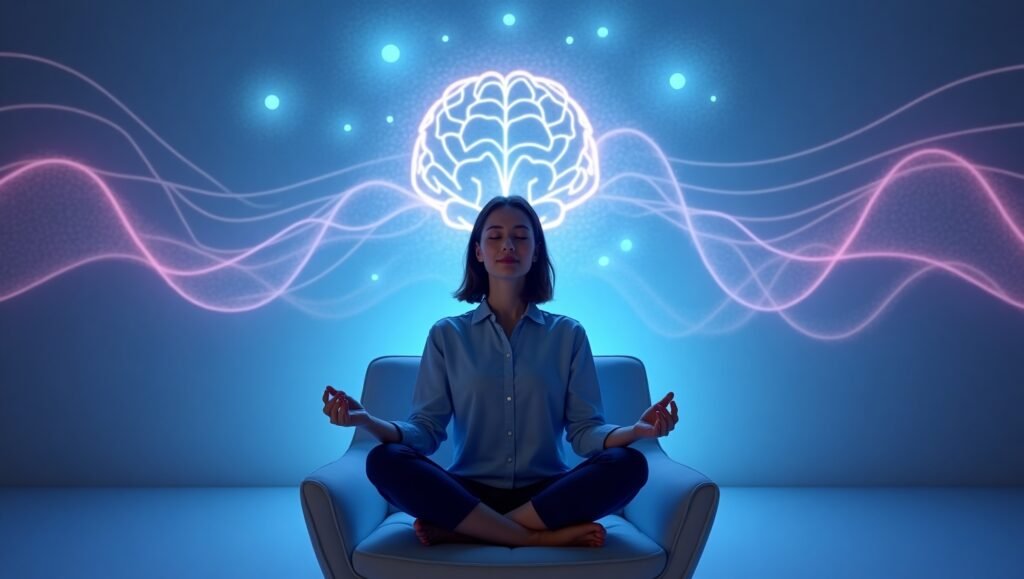 Mulher meditando calmamente em poltrona moderna, com projeções tecnológicas de um cérebro e ondas cerebrais ao fundo.conceitos avançados da Lei da Atração