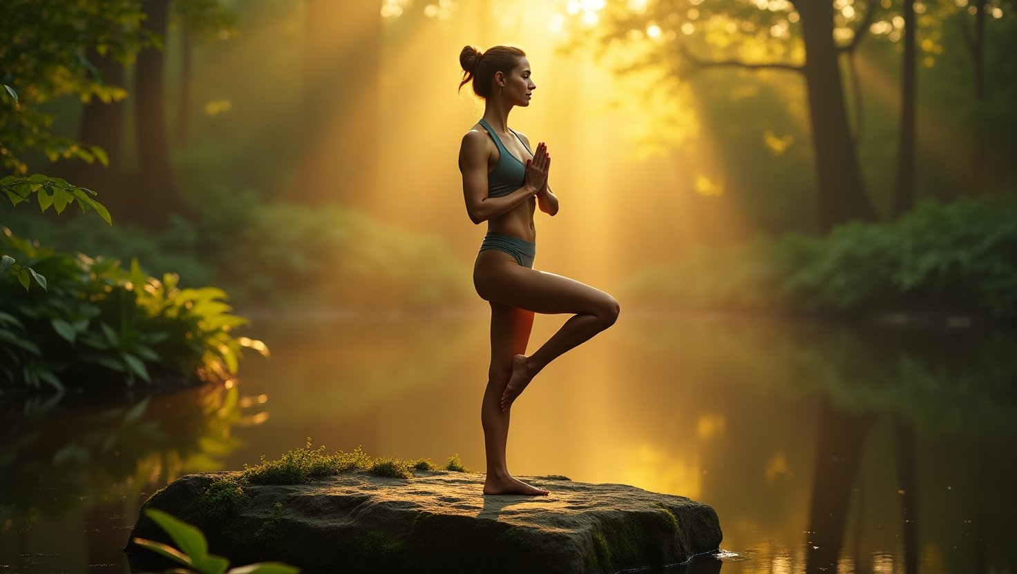 Mulher em posição de yoga sobre uma pedra no meio de um lago, cercada por floresta ao nascer do sol. Mente e Espírito com a Abundância