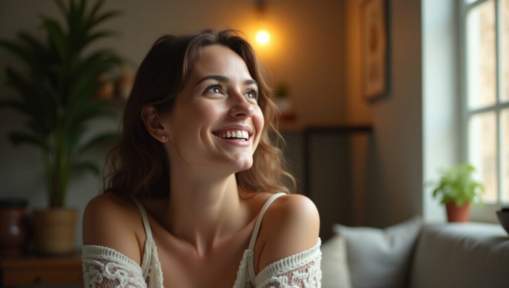 Mulher sorridente olhando para cima em um ambiente iluminado e aconchegante, com expressão de felicidade.