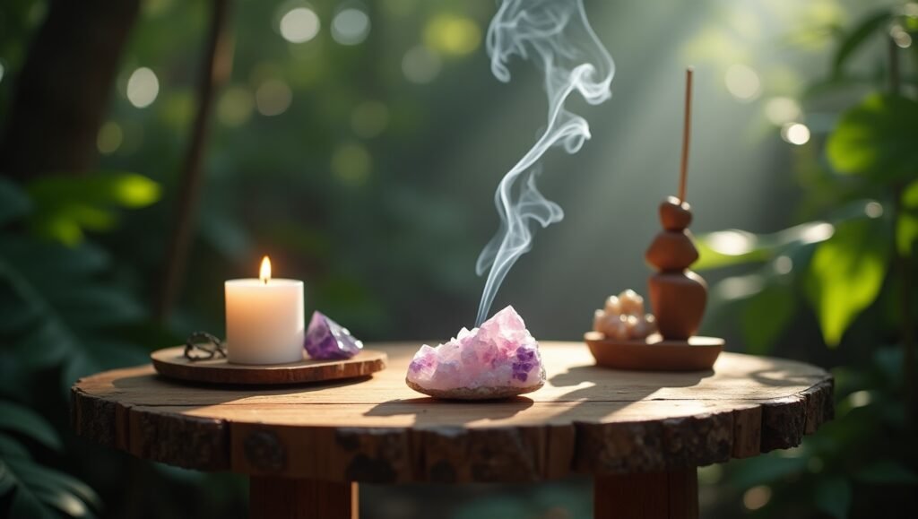 Pequeno altar de meditação ao ar livre com uma vela acesa, cristais de ametista, incenso queimando e elementos naturais sobre uma mesa rústica de madeira, cercada por vegetação suave iluminada pela luz do sol.