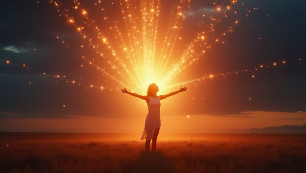 Mulher de braços abertos em campo aberto irradiando intensa luz dourada, simbolizando despertar espiritual e liberdade interior.Mantras Poderosos Para Elevar sua Energia