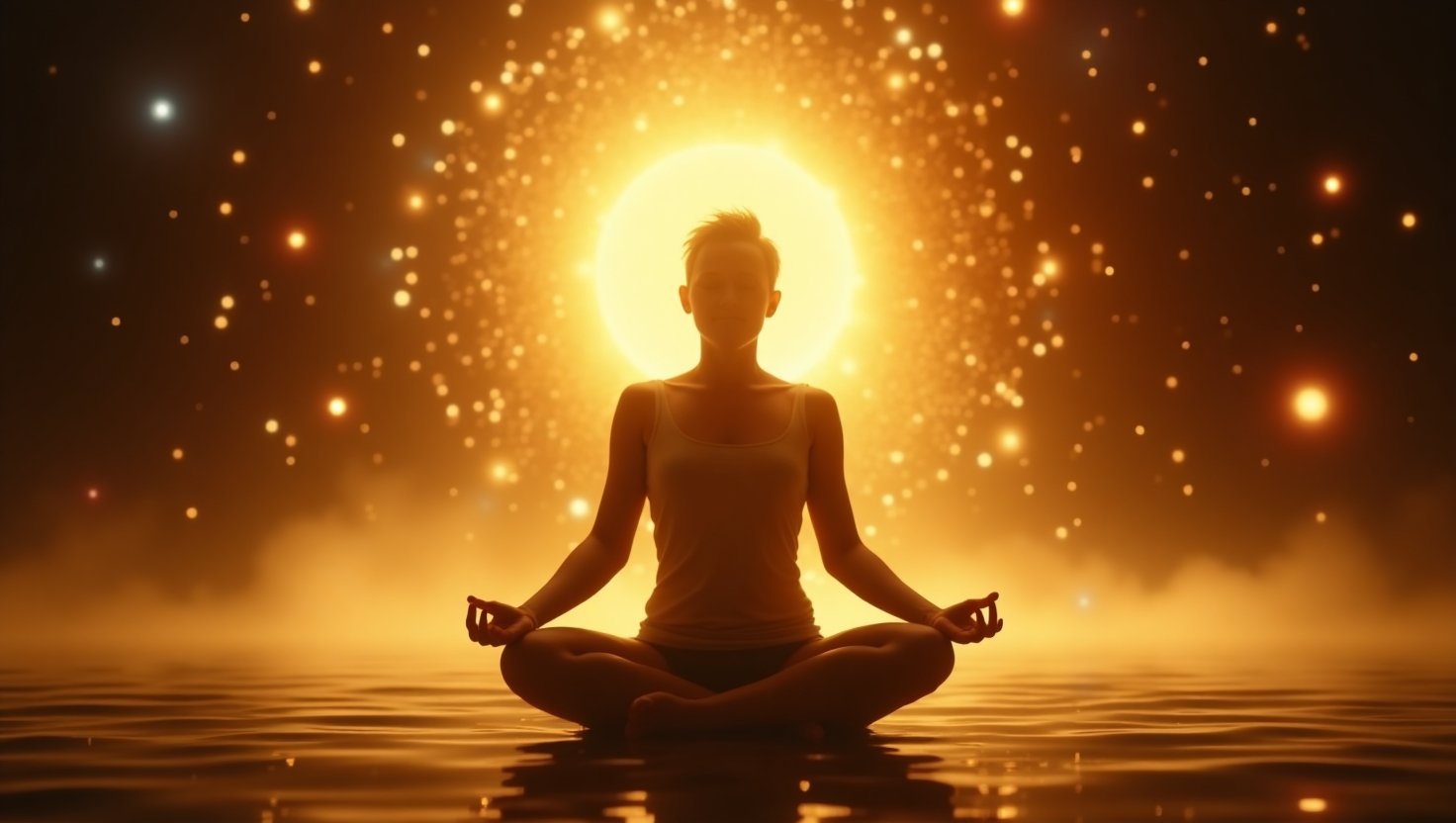 Pessoa sentada em posição de lótus sobre a água, meditando com uma intensa luz dourada ao fundo, simbolizando conexão espiritual, paz e energia interior.