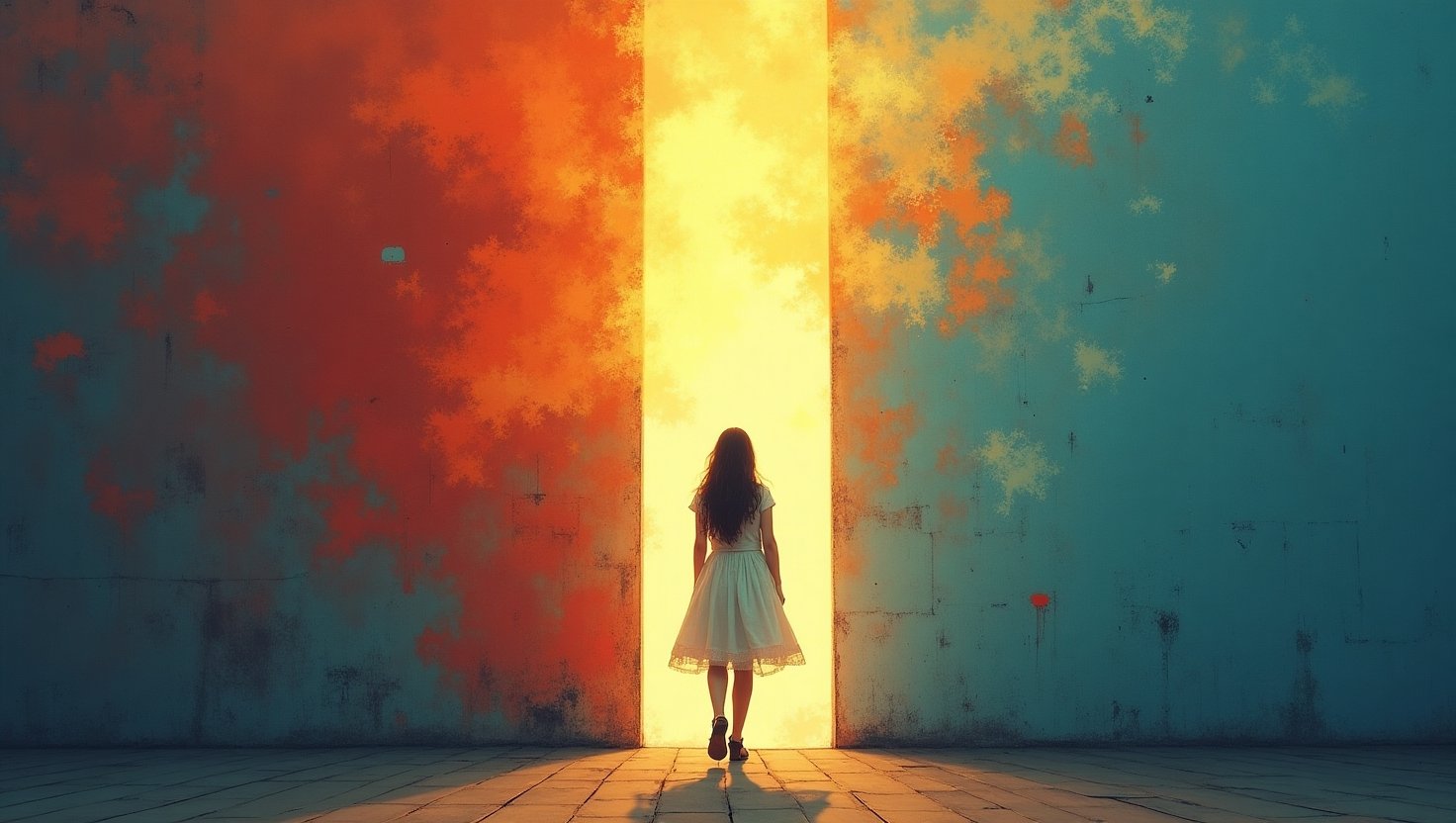 Pessoa caminhando em direção a um portal luminoso entre paredes com tons vibrantes de azul e laranja, simbolizando transformação e novos começos.