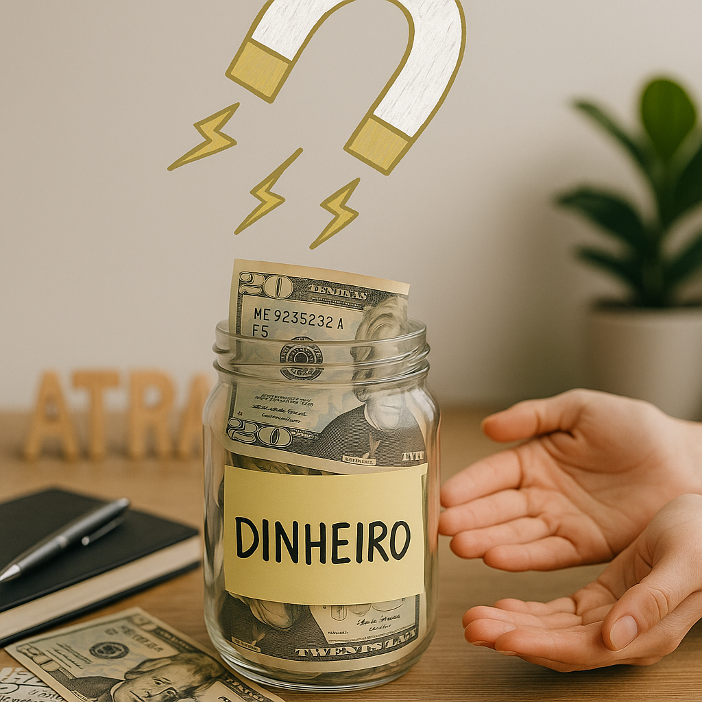 Pote de vidro rotulado como “DINHEIRO” cheio de cédulas de dólar, com mãos próximas e um ímã desenhado acima representando atração de riqueza.