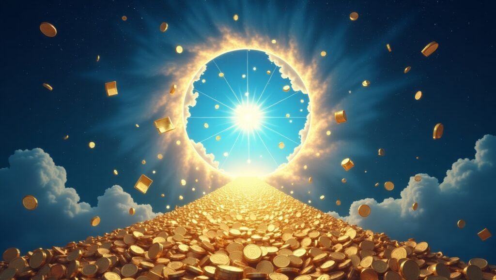 "Caminho dourado coberto por moedas brilhantes levando até um portal celestial de luz intensa no céu, cercado por nuvens e raios solares, simbolizando prosperidade, abundância e sucesso espiritual ou financeiro."