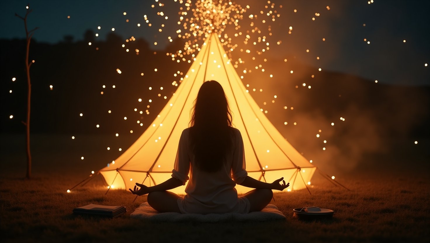 Mulher meditando em posição de lótus ao ar livre durante a noite, em frente a uma tenda iluminada com luzes douradas e faíscas no céu, em um campo tranquilo e natural. energia positiva da Lei da Atração