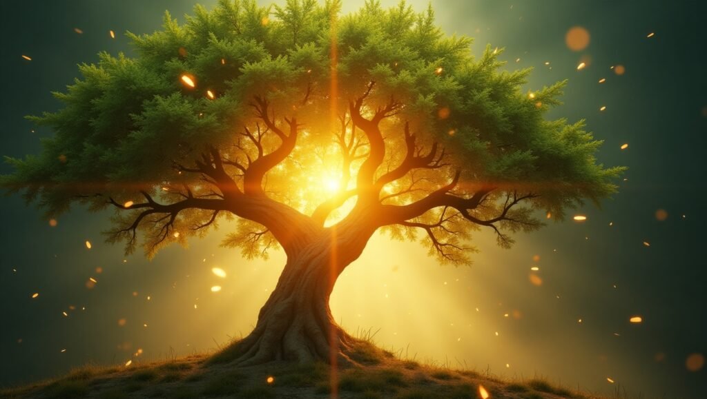 Árvore majestosa com galhos retorcidos e folhas verdes vibrantes, iluminada por uma luz dourada intensa ao pôr do sol, com partículas brilhantes flutuando ao redor, simbolizando energia vital e conexão com a natureza.Energia positiva da Lei da Atração