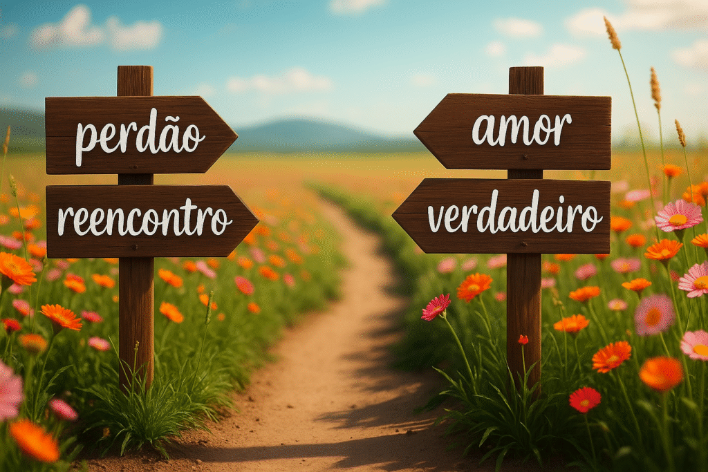 Duas placas de madeira rústicas em um campo florido apontam direções opostas em uma estrada de terra. À esquerda, as setas dizem “perdão” e “reencontro”; à direita, “amor” e “verdadeiro”. Ao fundo, montanhas sob um céu azul e flores coloridas ladeando o caminho.