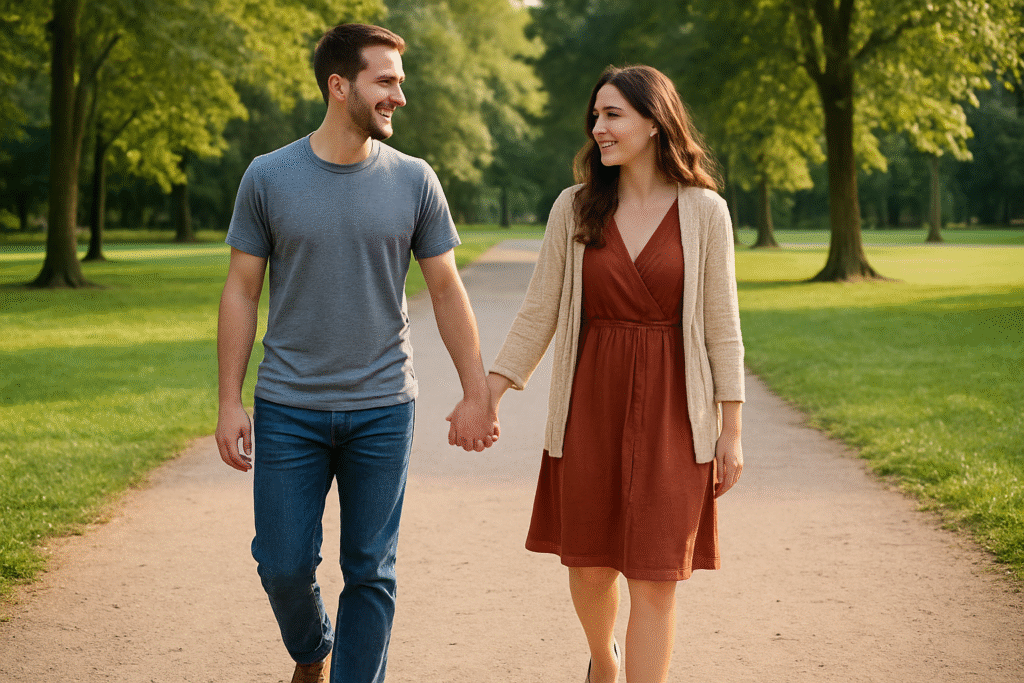 casal jovem caminhando em um parque  no final da tarde.Lei da atração no amor