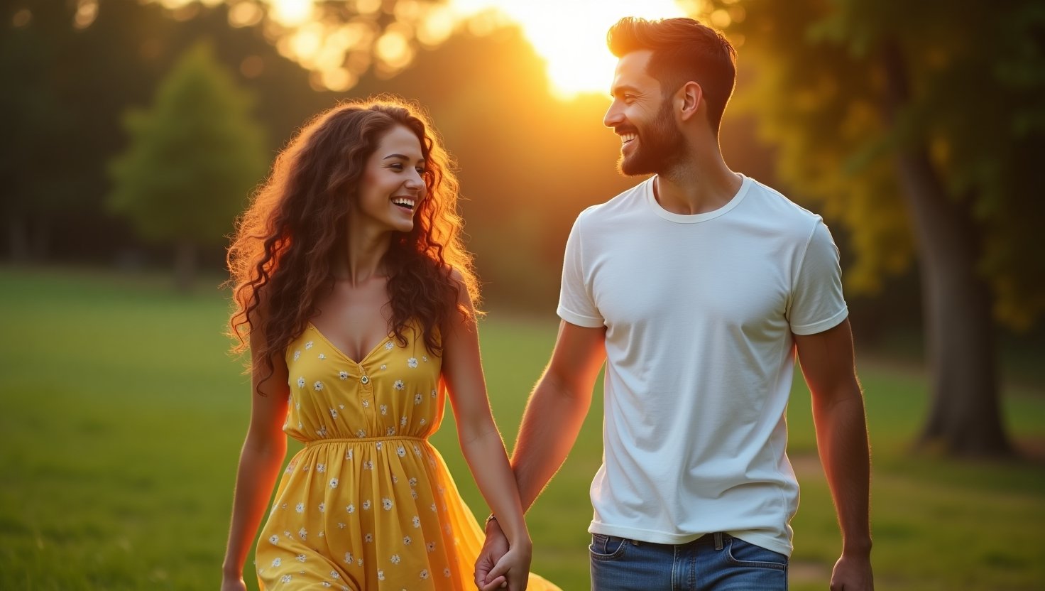 Casal sorridente caminhando de mãos dadas em um parque ao entardecer com luz dourada ao fundo. Afirmações positivas para Atrair um Amor